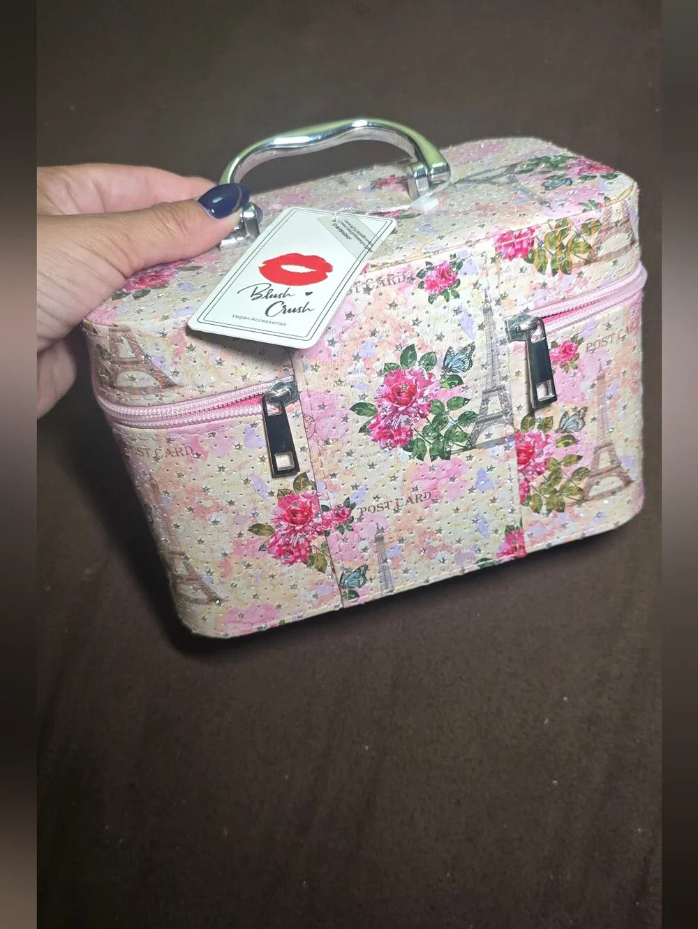 Pink Floral Eiffel Tower Cosmetic Train Case with Top Handle